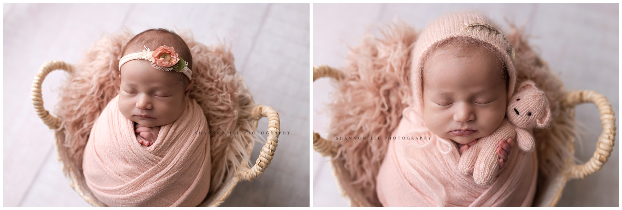 Newborn baby girl in a basket with ballet pink fabrics